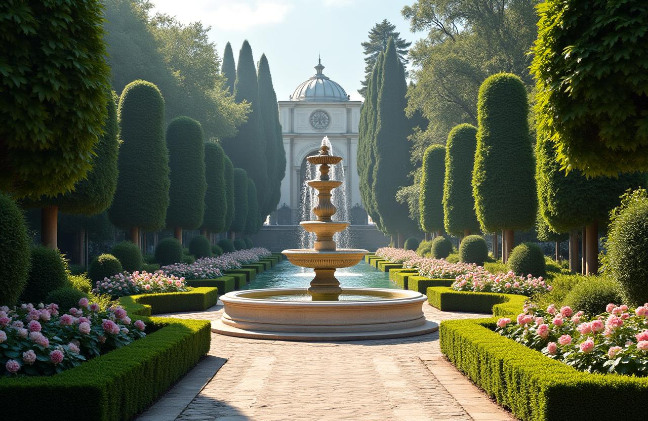 Un lussuoso giardino italiano progettato da Giardini Veri con una fontana centrale.