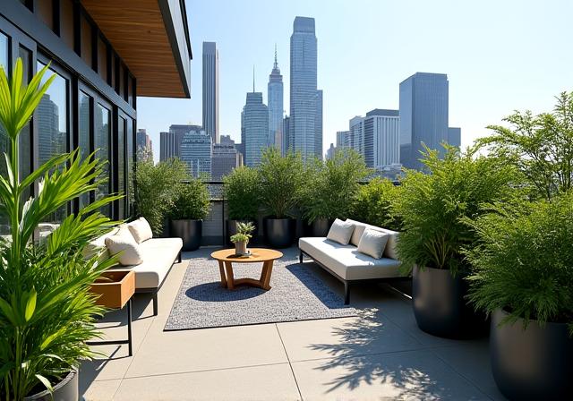 Terrazza moderna con piante in vaso, arredi di design e vista sulla città.